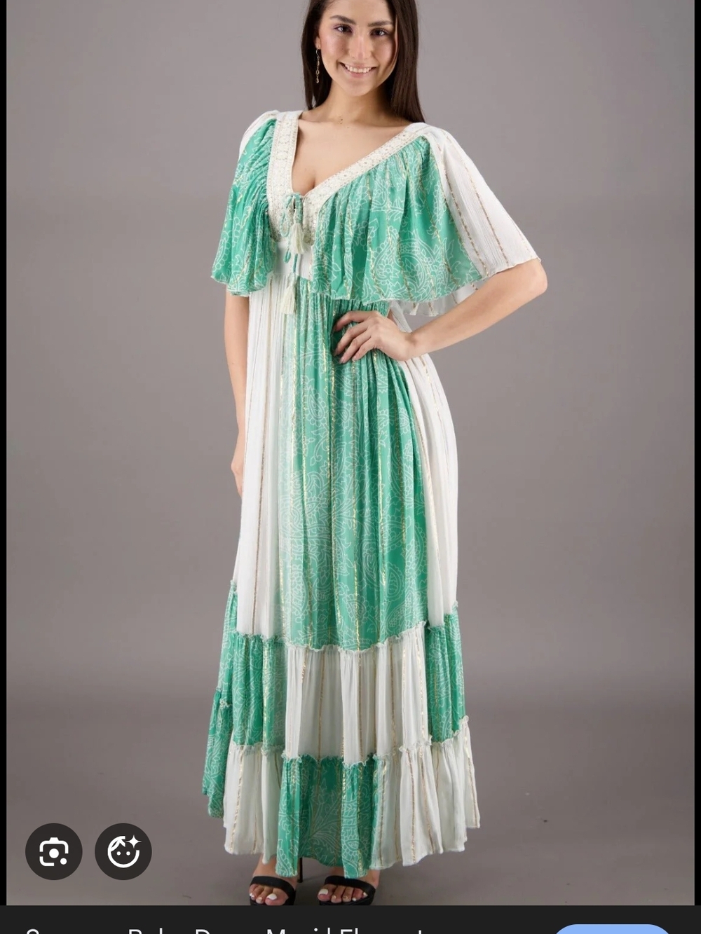 Green and White Tiered Maxi Dress with Flutter Sleeves